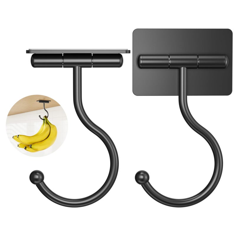 Josmimic Under Cabinet Banana Hook Adhesive - 2 Pack Sticky Banana Hanger Under Counter, Sturdy Metal Banana Holder for Hanging Bananas or Kitchen Utensil, Banana Saver, Keeps Bananas Fresh, Black - Image 1